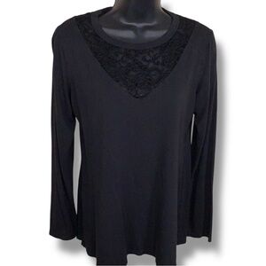 Medium PS Kate Black Long Sleeve Top Lace Neckline Accent Stretch Goth